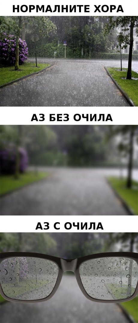 Хората с очила в дъждовен ден